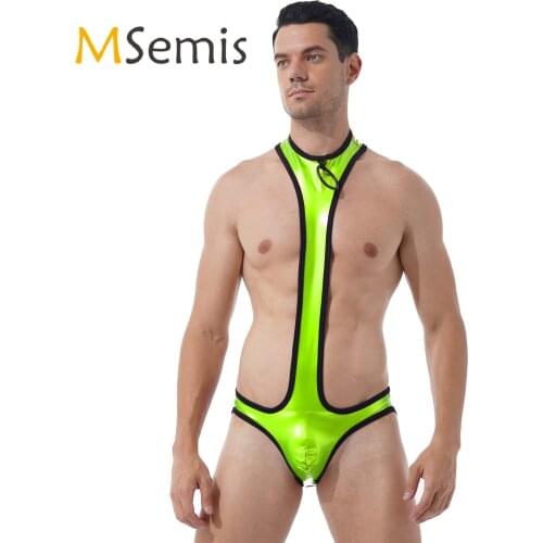 Mens Lingerie Patent Leather Teddies Clubwear Open Butt Bulge Pouch Bodysuit Underwear O Ring Round Neck Erotic Sexy Costume