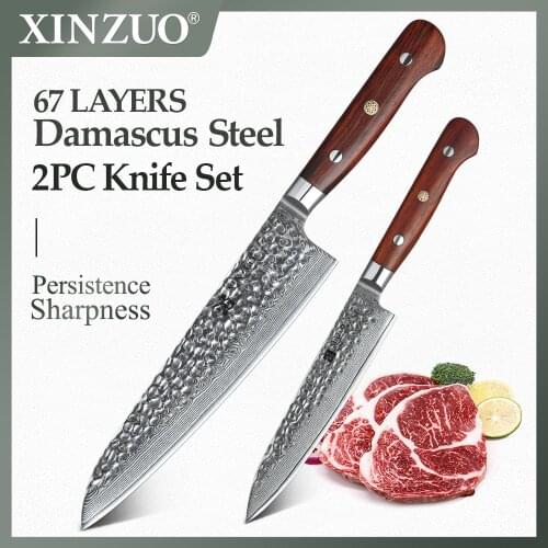 XINZUO 2 PCS Kitchen Chef Knife Set Japan Damascus vg10 Steel Stainless Steel Meat Fruit Vegetables Knife Rosewood Handle