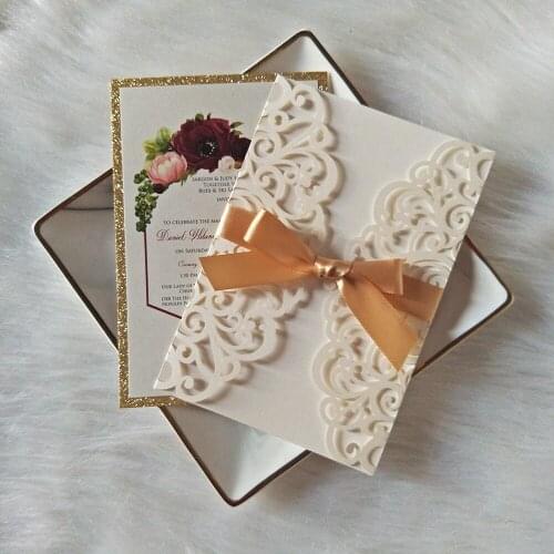 Luxury Ivory Flower Printing Laser Cut Invitations with Gold Glitter Bottom and Ribbon for Wedding DIY Marriage Cards