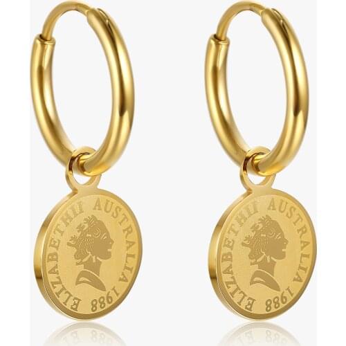 Vintage Coin Flower Earing Geometric Portrait Earrings Prevent Allergy Gold Color Titanium Steel Women Hoops Jewelry