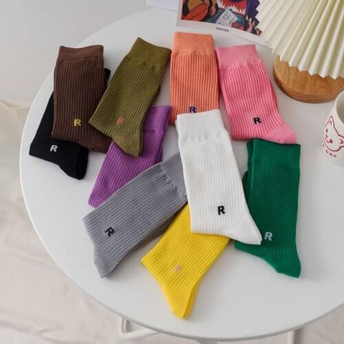 Candy Color Letter Funny Casual Women Middle Tube Socks Girl Cute Loose Long Socks Autumn High Stockings Breathable Cotton Socks