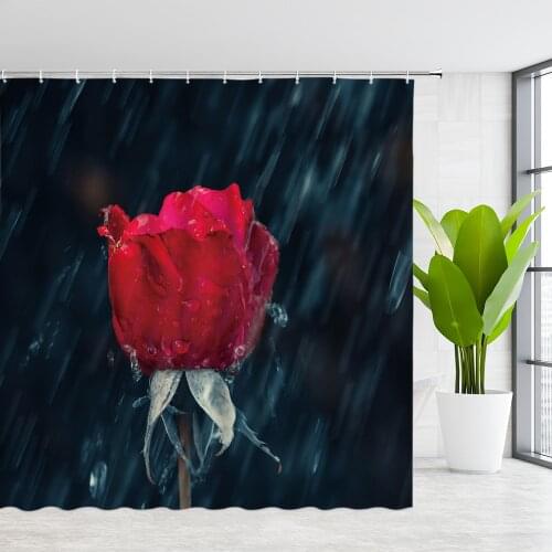 LAEDCIITI Shower curtains of textile,Red Flower Romantic Couple Rose in the Rain Bathroom Decor Polyester Hanging Curtain Set