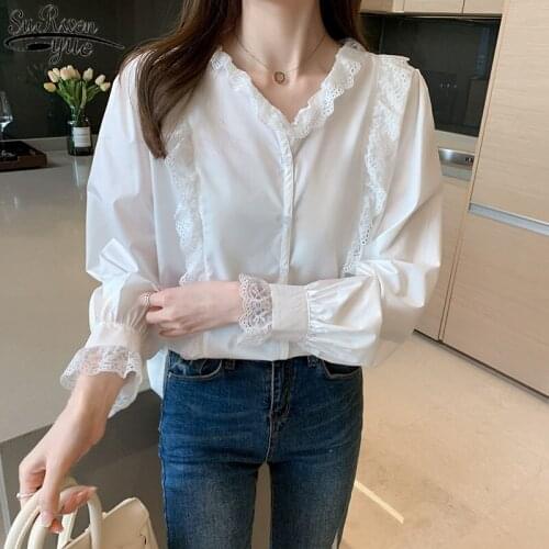 Long Sleeve Chiffon Shirt Blouses Women Casual 2021 Spring V-neck White Blouse Femme Button Office Laday Lace Shirts Tops 13113