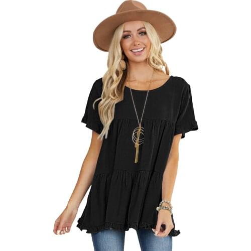Korean Style Pleated Summer T Shirt Women 2021 Vintage Casual Short Sleeve Solid Color Pullover Elegant Top Tunic Lady Tshirt