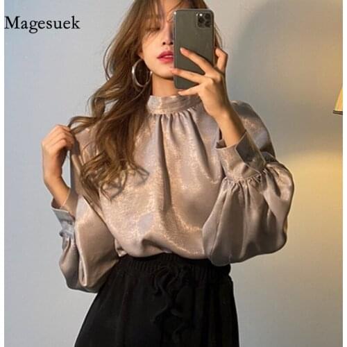 Women Spring Slim Office Lady Elegant Tops New Korean Fashion Smooth Blouse Lantern Sleeve Solid Stand Collar Shirt Blusas 12944