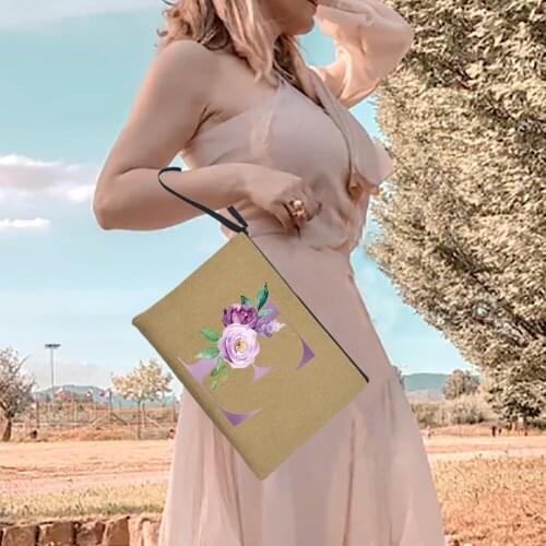 Purple Flowers Alphabet Womens Clutches Tote Bags Linen Letter Printed Handbag Fashion Casual Lipstick Orange Female Best Gifts