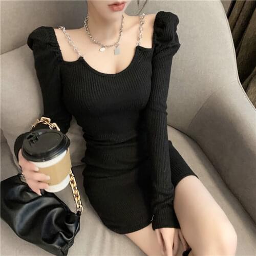 Woman Dresses Autumn and Winter V-neck Long Sleeve Knit One-Piece Top and Skirt Women Vestido De Mujer Femme Robe