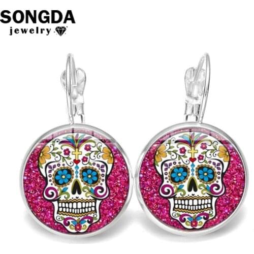 SONGDA Mexico Sugar Skull Earrings Celebrate Mexican Day of The Dead Halloween Colorful Flower Skull Skeleton Earrings for Women