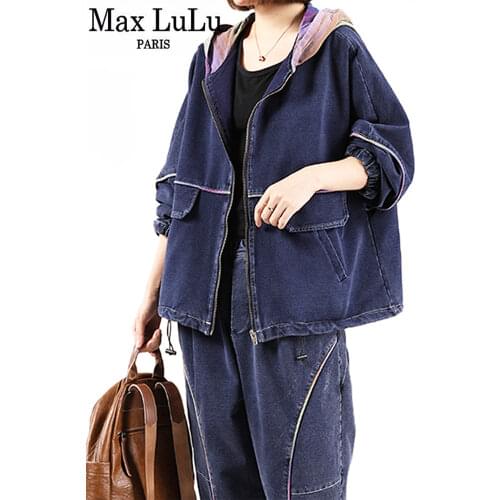 Max LuLu European Blue Denim Zippers Tops And Pants 2021 Outfits Women Hooded Loose Two Pieces Sets Jackets Female Casual Suits