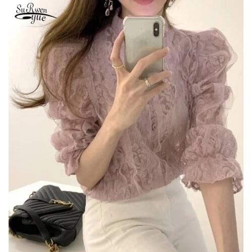 Office Lady Elegant Pink Lace Tops New Fashion Korean Style Lace Blouse Women Stand Collar Pullover Women Clothing Blusas 12511