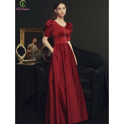 SSYFashion New Elegant Banquet Evening Dress Vintage Wine Red Satin Short Sleeve Simple Long Prom Gown Vestido De Noche