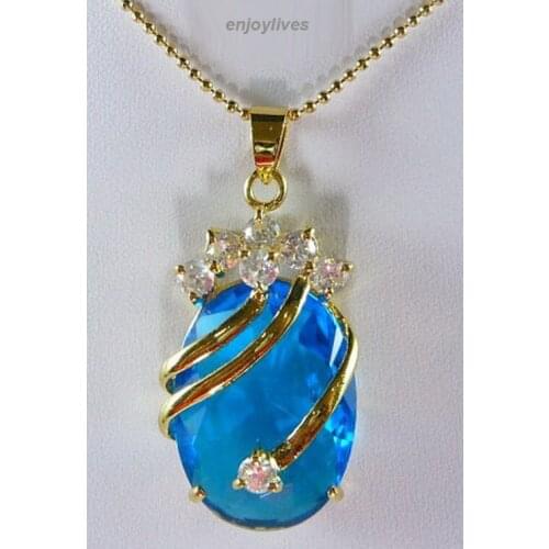 DD Wholesale FREE SHIPPING >>> Sky-blue Cubic Zirconia Sapphire Crystal Yellow Gold Plated Pendant & Necklace