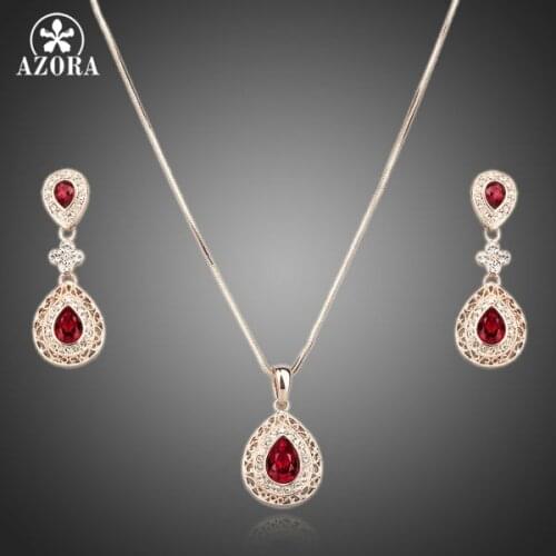 AZORA Palace Attractive Rose Gold Color Carved Red Crystal Drop Necklace and Earrings Jewelry Sets TG0073