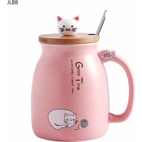 Cat Mug Cute Ceramic Coffee Cup with Lovely Kitty Wooden lid Stainless Steel Spoon,Novelty Morning Cup Tea Milk Christmas Mug