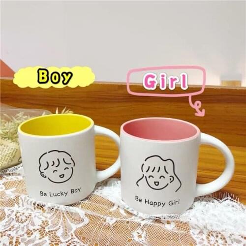 Creative Simple Ins Couple Ceramic Cup With Lid Spoon Cute Girl Boy Avatar Household Water Cup Cartoon Trend Cup