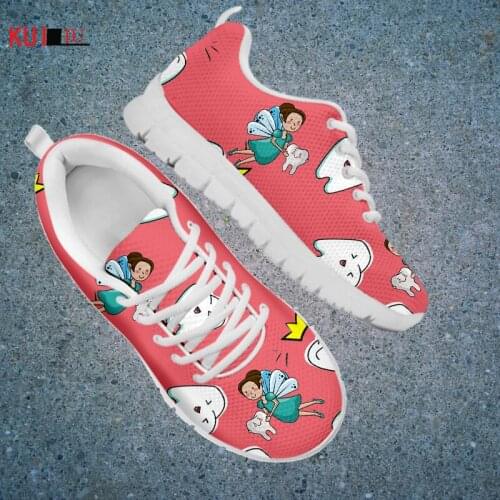 KUILIU Cartoon Tooth Women Casual Sneaker Shoes Famale Lace Up Flat Shoes Free Shipping Custom Pattern Breathable Mesh Sneakers
