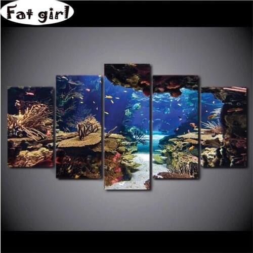 5 Panel Modern Poster Diamond Painting Sea World Landscape 5D Mosaic Cross Stitch Embroidery Full Square Round Drill Wallpaper