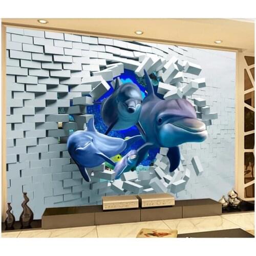 Custom mural 3d photo wallpaper Broken wall deep sea animal dolphin home decor room 3d wall murals wallpaper for walls 3 d