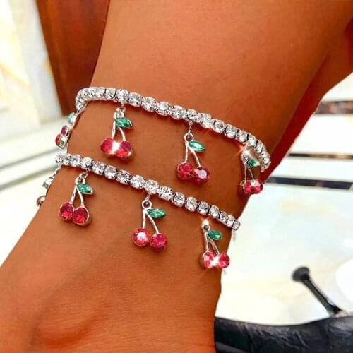 2021 New Trendy Sweet Crystal Fruit Cherry Bracelet Simple Anklets for Women Fashion Party Wedding Jewelry Gifts
