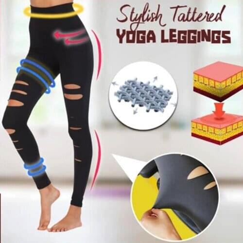 New Arrival Women Ripped Yoga Leggings Pants High Waist Slim Stretchy Sport Fitness Trousers DSA