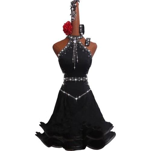 5pcs/set Latin Dance Competition Dress New Performance Dress High-grade Black Chinese Sexy Fishbone Curling Skirt #MD074