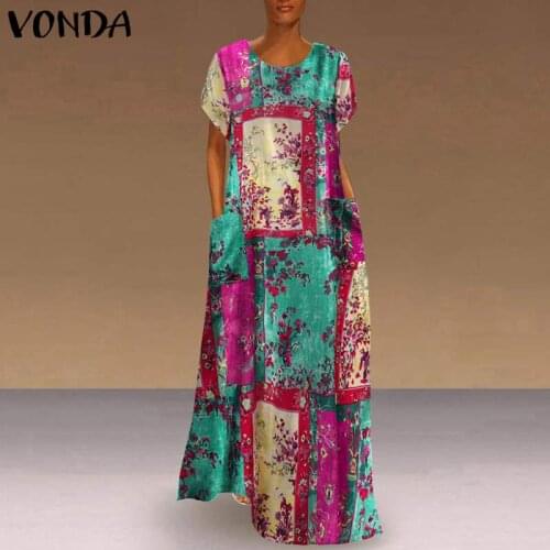VONDA Elegant WomenSundress Vintage Printed Holiday Dress Short Sleeve Casual Long Maxi Dress With Pockets Vestidos