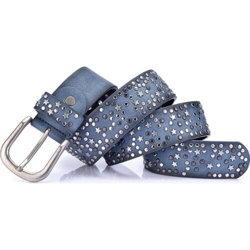 New Fashion womens Rivet belts Punk rock style belt For lady PU + Genuine leather Sequins Metal buckle Wide Metal rivet bead