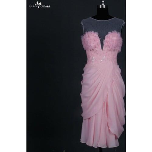 RSE677 Light Pink Illusion Neckline Short Sheath Evening Dress