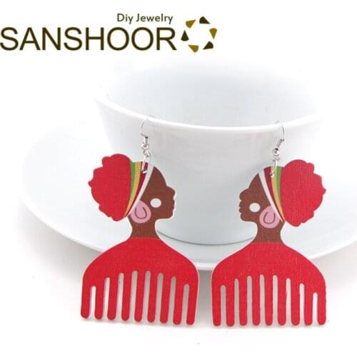 SANSHOOR Painting Afro Comb Wood Drop Earrings African Enthic Natual Hair Blacks Hiphop Bohemian Jewelry For Women Gifts 1Pair