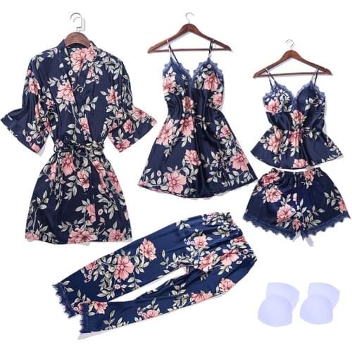 Sexy Home Wear Pajamas Womens 5PC Strap Top Pants Suit Bathrobe Sets Spring Summer Nightwear Kimono Bath Robe Gown Sleepwear