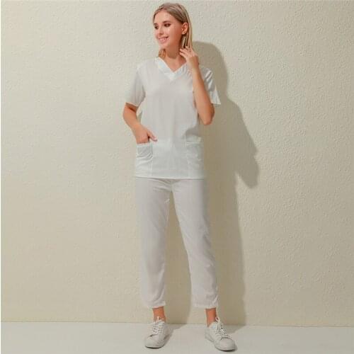 High Quality Nursing Uniforms Suit Unisex V-Neck Work Clothes Pocket Solid Color Set Short Sleeve Tops&Trouser 2Pcs Work Set