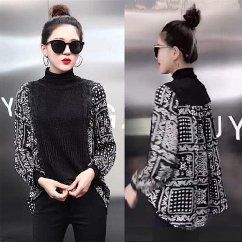 Women Blouse Autumn Blue White Porcelain Loose Top Turtlenecks Womens Chiffon Sweater Blusas Ropa De Mujer