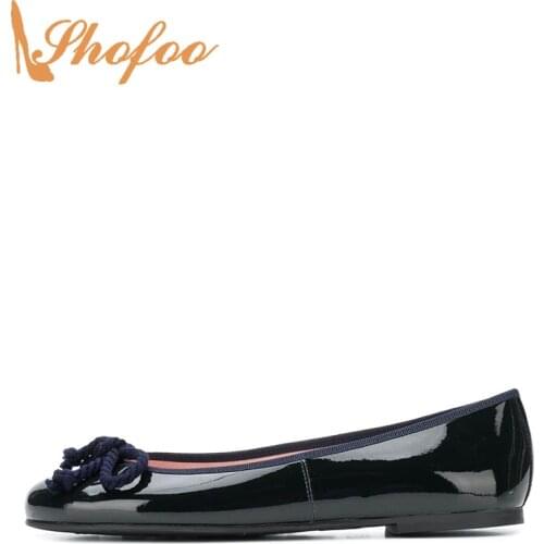 Black Ballet Flats Patent Leather Women Butterfly-Knot Large Size 14 15 For Ladies Shoes Round Toe Fashion Casual Mature Shofoo