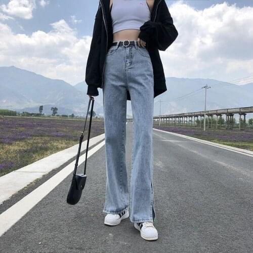 FNOCE 2020 womens jeans pants fashion trends casual high street solid high waist slim loose elelgant denim full Straight pants