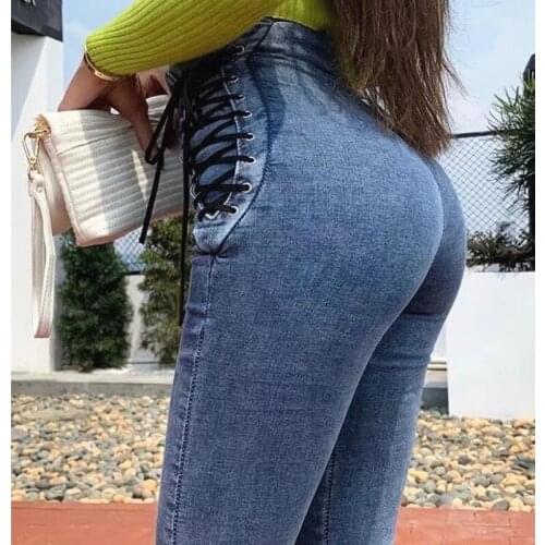 Women Sexy High Waist Drawstring Booty Lifting Skinny Trousers Solid Casual Zipper Denim Jeans Pants 2021 Autumn