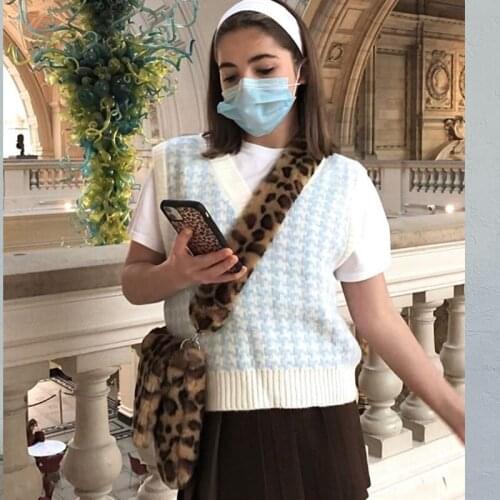 B-TOTO American Retro Bm Milk Blue Plaid Knitted Vest Vest Female Tide Ins Short 2021 New Fashion