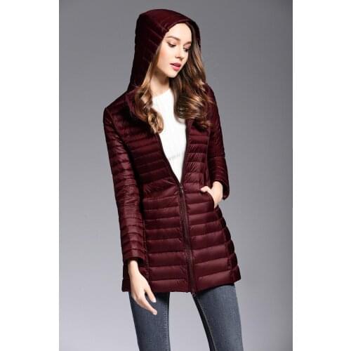 Ladies Hooded Down Jacket Ultra Lightweight Parka White Duck Down Warm Breathable Windproof Zipper Winter Womens Down Coat