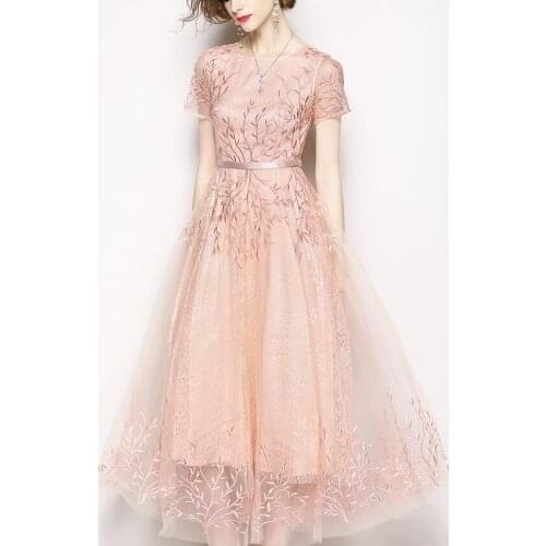 Womens spring summer short sleeve embroidery mesh dress female runway fashion high waist plus size A-line dress TB888