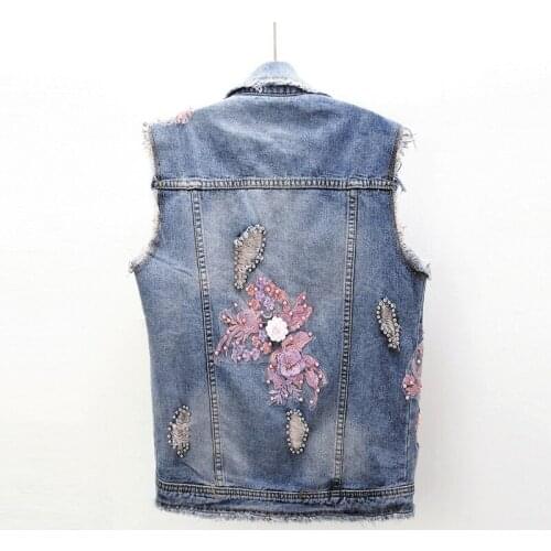 Street Beading Hole Ripped Embroidery Flower Denim Vest Female Fashion Spring Summer Sleeveless Jacket Slim Fit Short Waistcoat