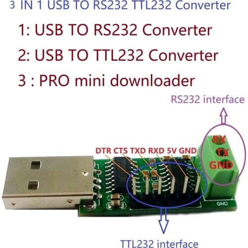 3 in 1 USB TO RS232 TTL232 Pro Mini Download cable Serial ports CH340 Converter Board Industrial grade IC SP232