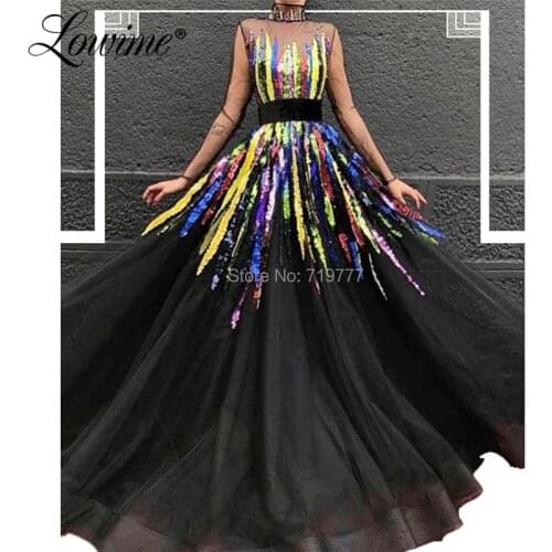 Illusion Black Evening Dresses Robe De Soiree Multi Color Sequin Party Gowns Kaftans Arabic Long Prom Dresses 2019 New Arrival