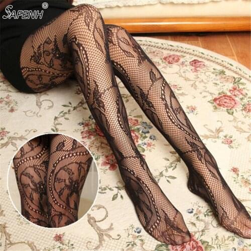 Black Women Stockings Floral Print Mesh Fishnet Pantyhose Women Sexy High Waist Stockings