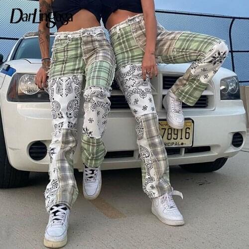 Darlingaga Vintage Floral Plaid Patchwork Jeans Woman Streetwear Burr Tassel Skinny Pants High Waist Jeans Contrast Color Denim