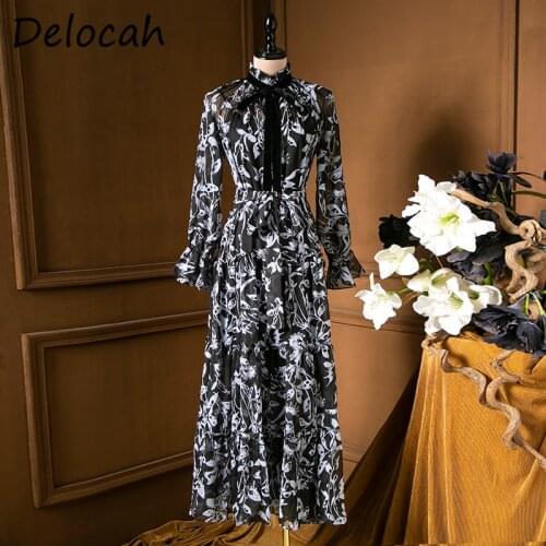 Delocah Spring Fashion Women Designer Party A-Line Dress Flare Sleeve Bow Floral Print Elegant Ladies Long Dresses Vestidos 2021