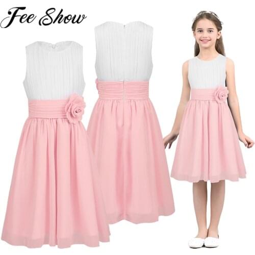 Kids Girls Pleated Flower Girl Dress Pageant Wedding Vestidos Birthday Party Dresses 4-14 Years Summer Chiffon Princess Dress