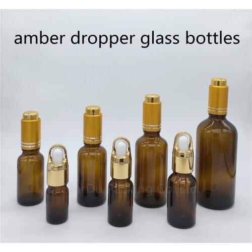 5ml 10ml 15ml 20ml 30ml 50ml 10ml amber glass essential oil bottle with gold Press dropper, glass perfume bottles
