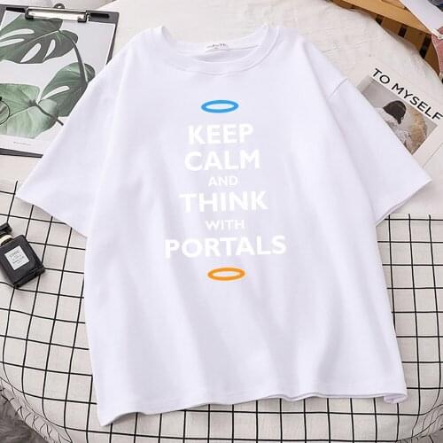 Keep Calm And Think With Portals Print T-Shirt Female Harajuku Fit Clothing New Quality Streetwear Manga Casual Women Tshirt