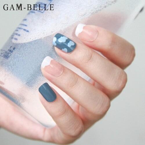 GAM-BELLE Blue White Cloud Pattern False Nails Detachable Full Cover Artificial Short Fake Nails Decoration Press On Nails