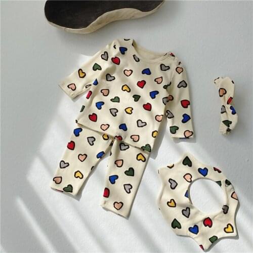 8712 Baby Home Clothes Set 4pcs Suit Ins Autumn 2021 Flowers Love Print Girls Clothing Set Top+Pant+Bib+Headband Newborn Suit