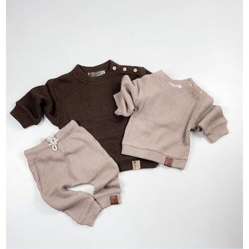 FOCUSNORM 2pcs Autumn Baby Boys Girls Clothes Sets 0-24M Solid Button Long Sleeve Sweatshirt Tops Pants